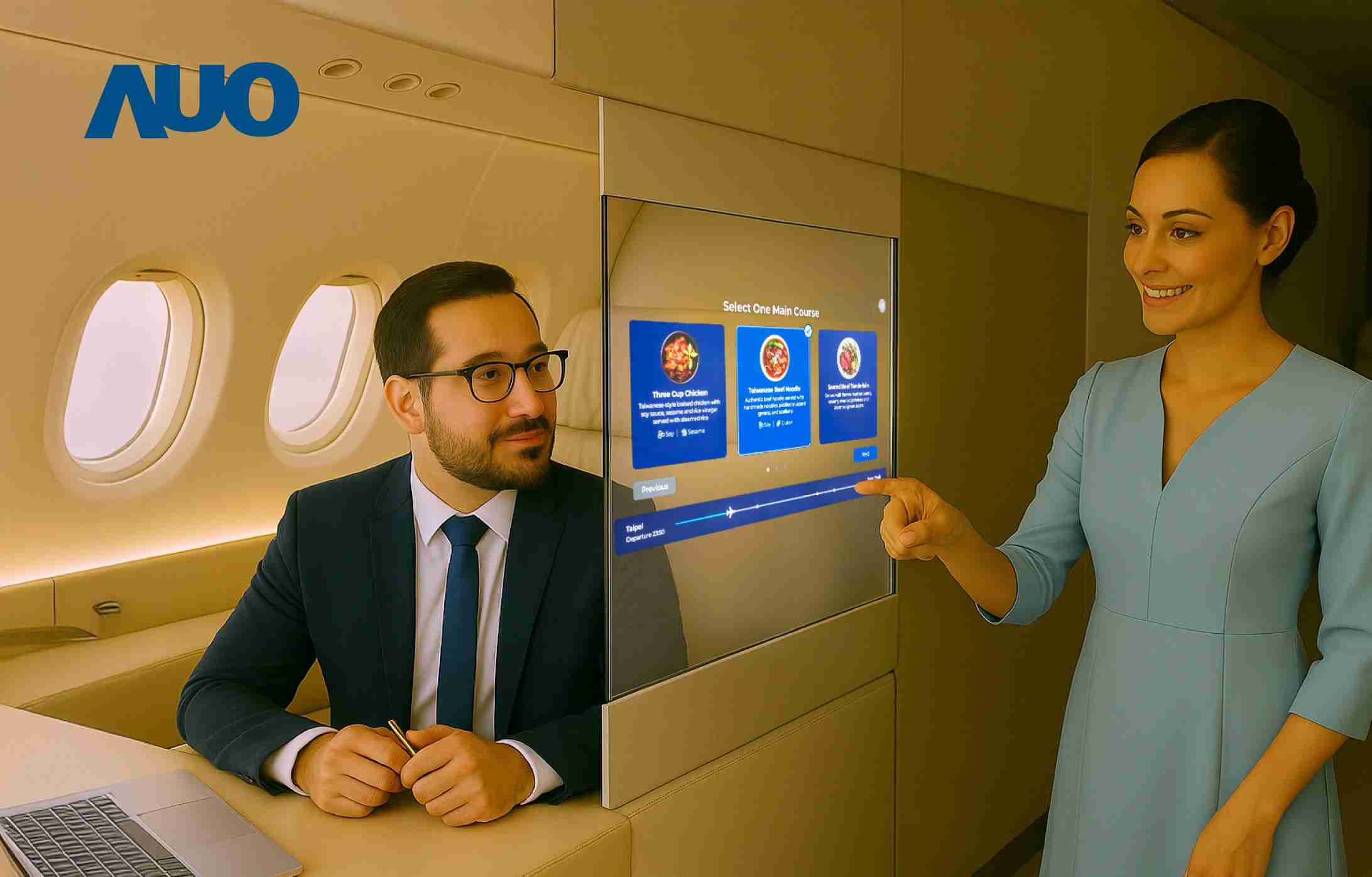 森林舞会研发全球最薄17.3 吋双面透明 Micro LED 显示器，，，，可在同一屏幕之双边投射不同信息，，创造独特的”透明化”互动；图为实时翻译交流应用情境